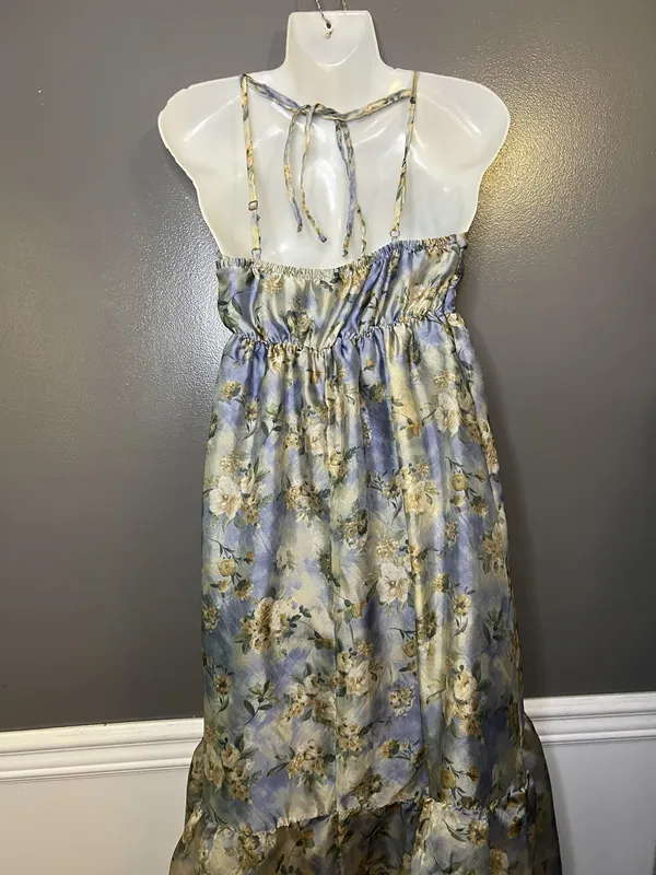 Wild Fable Dress Womens Small Blue Floral Satin Maxi Sundress Ruffle Hem - Image 7