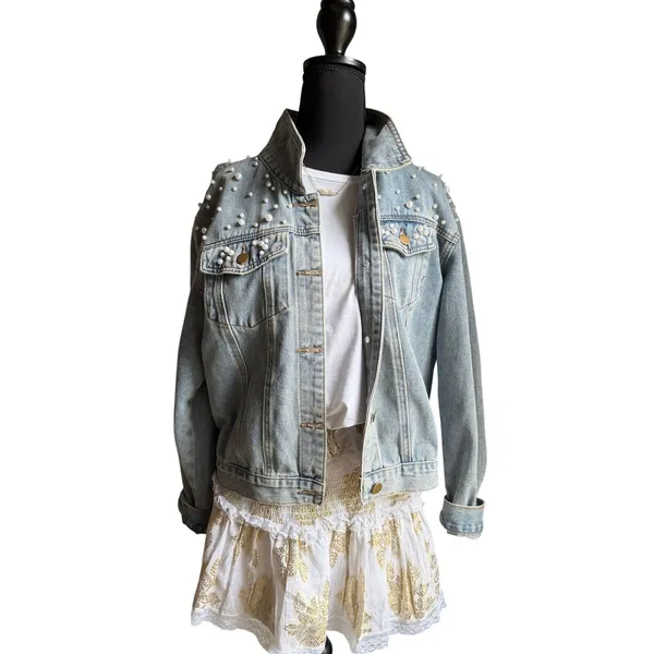 Cotton Mini Skirt Boho White Gold Lurex Smocked Romantic Size L Chloe Laetitia - Image 6