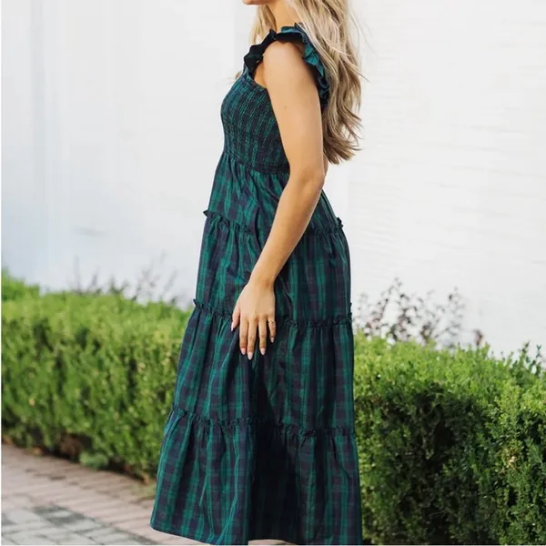 J. Marie Rayna Green Plaid Ruffle Strap‎ Midi Dress - Image 2
