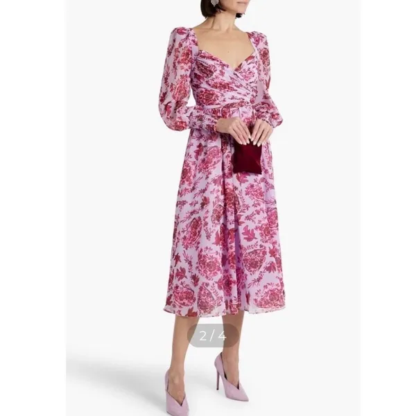 Badgley Mischka Floral‎ Chiffon Midi Dress Lavender Pink V-Neck Sz 2 Long Sleeve - Image 4