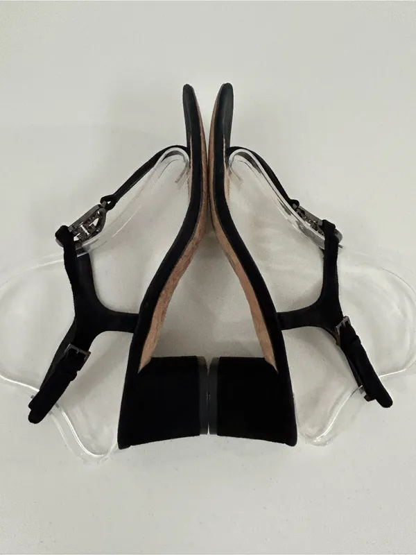 Tory Burch Black Suede Crystal Logo T-Strap Block Heel Sandals Size 9.5 - Image 4