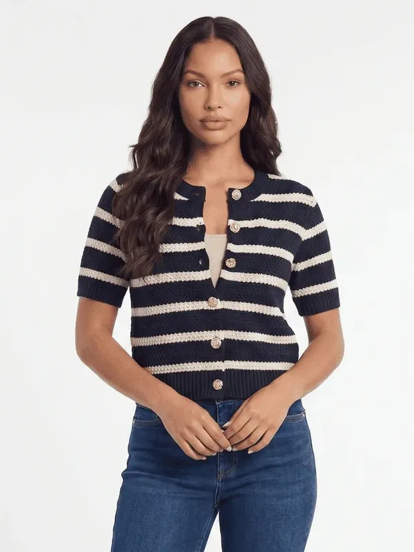 Striped Navy and White Short-Sleeve Knit Cardigan Size Medium NEW - Image 3