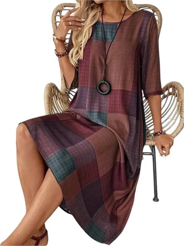 Boutique Patchwork Print Maxi Dress Burgundy Multi Boho Shift 3/4 Sleeve M NWOT - Image 2