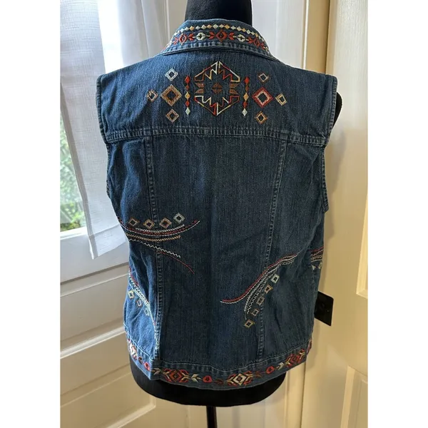 Vintage Embroidered Aztec Jean Vest Women's Medium Christopher & Banks Western - Image 2