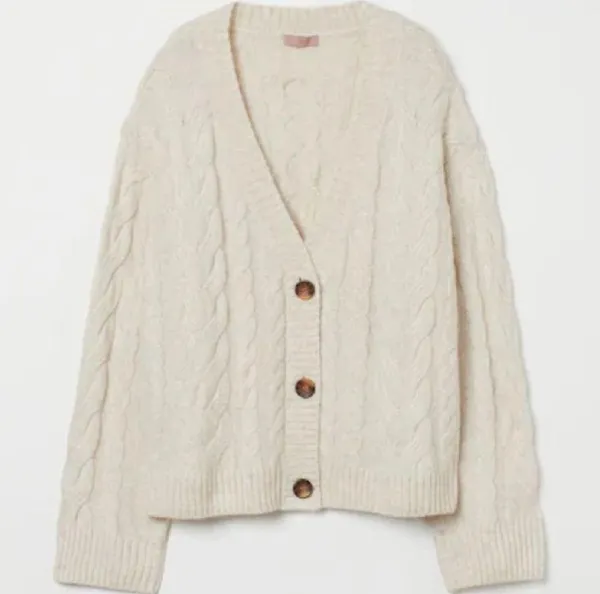 H&M wool chunky cableknit cardigan sweater beige oatmeal vneck button down - Image 8