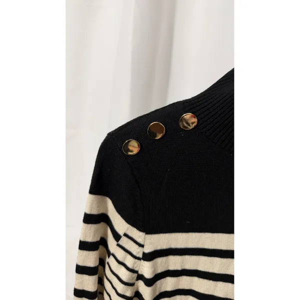 Eliza J Black Ivory Striped Turtleneck Sweater Dress Gold Buttons Size S - Image 3