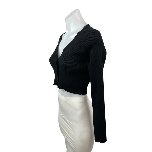 Windsor Black Ribbed Knit Long Sleeve V Neck Button Up Cardigan Crop Top Size S - Image 3