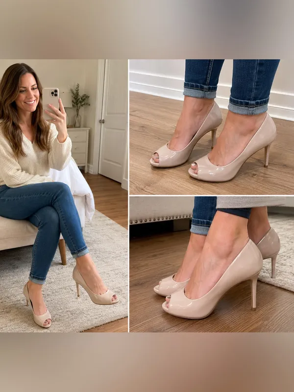 Dexflex Comfort Women’s Nude Patent Peep Toe Pumps Heels Size 7 Beige 3” - Image 2