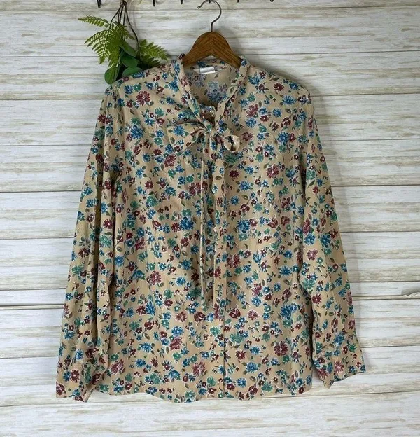 Vintage sears yellow floral pussybow neck tie office secretary blouse - Image 2