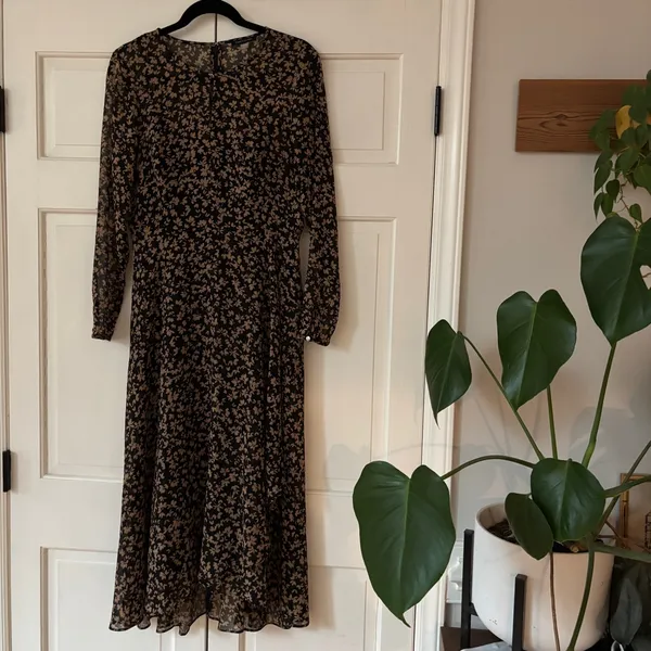Tommy Hilfiger Crossover Hem Black Tan Floral Midi Dress‎ Sheer Chiffon Size 8 - Image 5