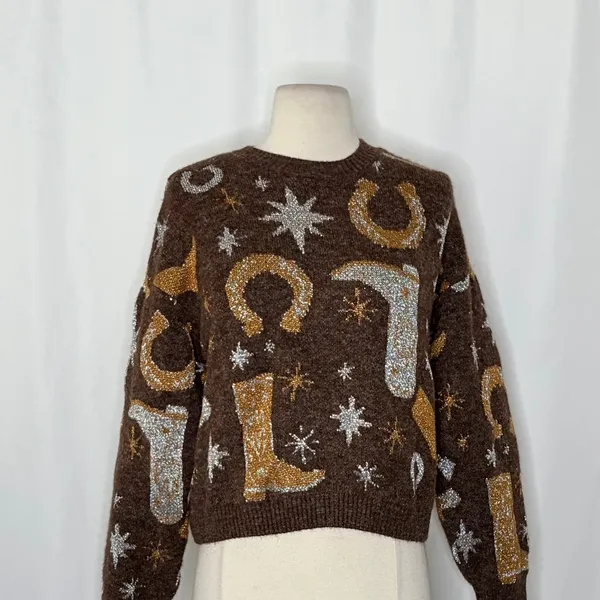 ZARA Western Cosmic Cowboy Boots Stars Jacquard Sweater Metallic Crewneck Small‎ - Image 3