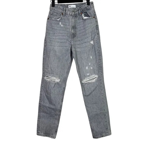 ZARA Straight Leg High Waisted Distressed Jeans Raw Hem 2 Rinsed Black #3900 - Image 13