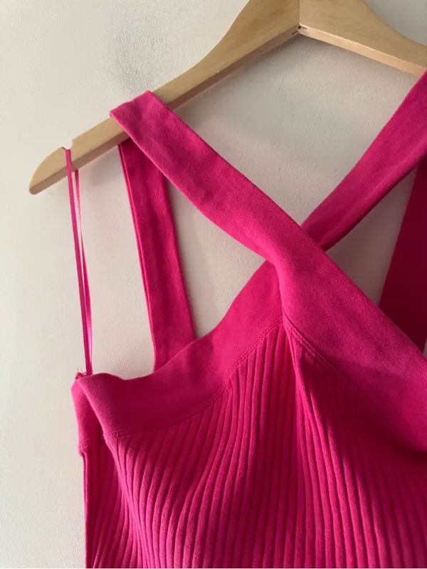 Zara Hot Pink Ribbed‎ Cross Halter Crop Top Knit Tank - Image 3