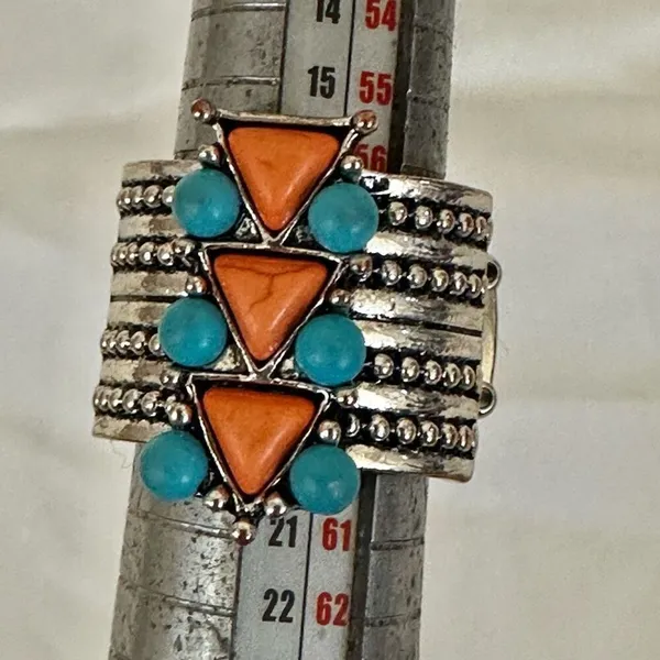 Blue and orange silver tone stretchy ring - Image 10