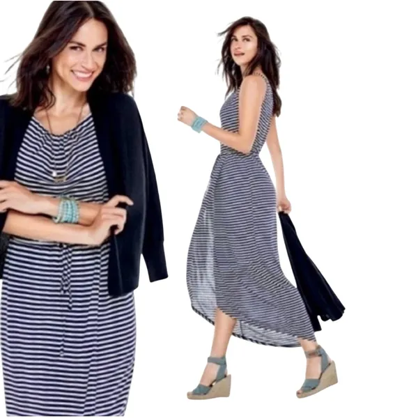 Cabi 5105 Navy White Boat Striped Sleeveless Maxi Dress XS Faux Wrap Nautical - Image 2