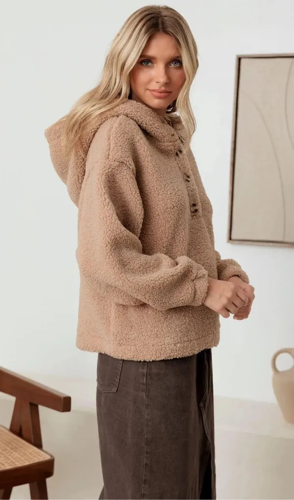 VICI teddy button front pocketed hoodie mocha  - Image 2