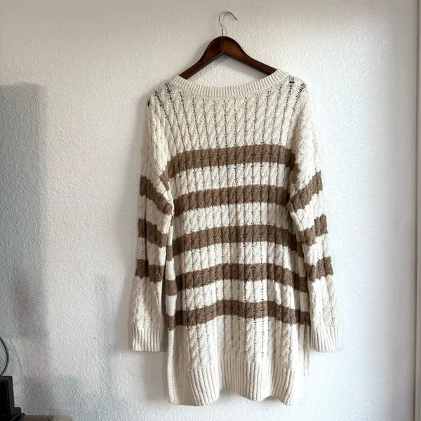 Pilcro by Anthropologie Womens Sweater Longline Ivory Beige Stripe Size XL - Image 3