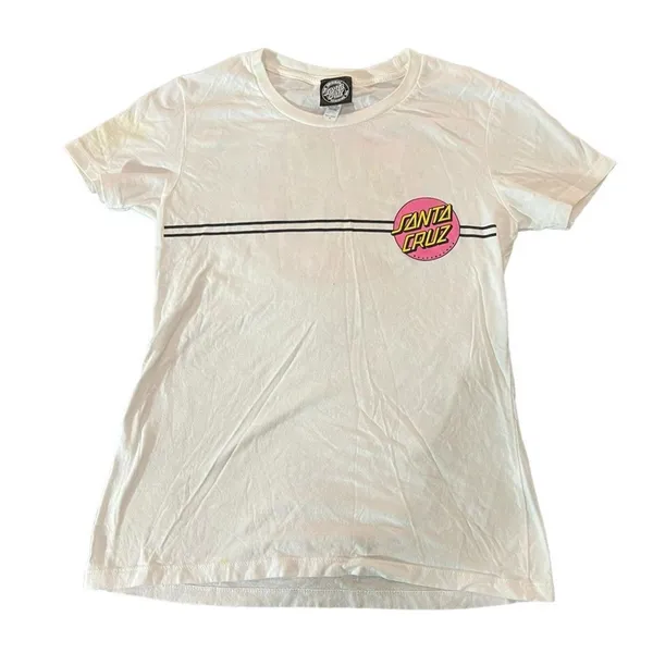 PacSun Santa Cruz T-Shirt Womens‎ Medium White Classic Dot Graphic Logo Skate Crewneck - Image 2