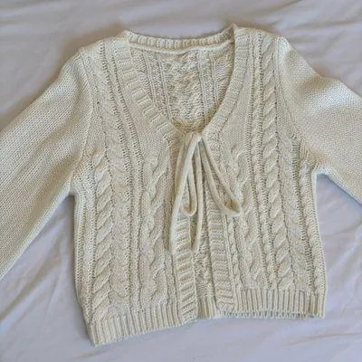 White Knit Bow Front Tie Cardigan - Image 2