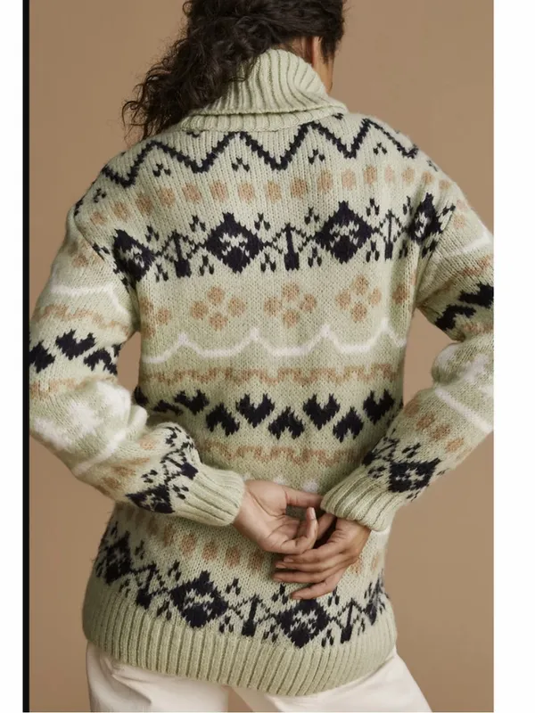 Anthropologie Fair Isle Mint Green Turtleneck Tunic Chunky Sweater - Size M - Image 3