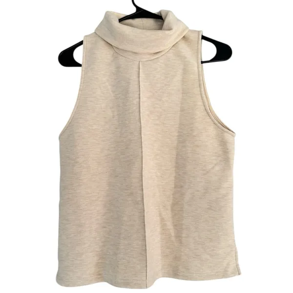 NWT OGL Turtleneck Split Hem Top Heather Beige FuzzLuxe Scuba Fabric Sz Medium - Image 2