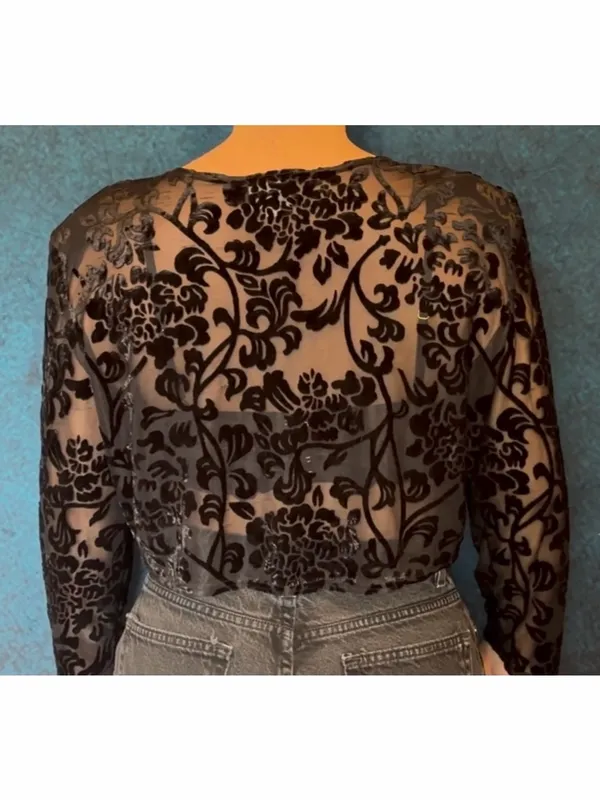 Onyx Nite Vintage Black Velvet Burnout Cardigan Shrug Bolero One Button Whimsigoth Witchy - Image 2
