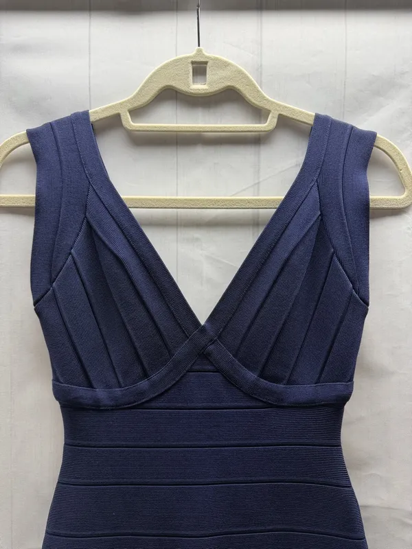 Herve Leger Karima Pacific Blue V-Neck Sleeveless Body Con Bandage Dress Small - Image 3