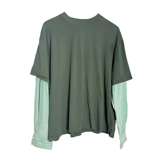 Lioness Bottega Green Layered Mix Media Crewneck Tee Striped Long Sleeve Shirt S - Image 4