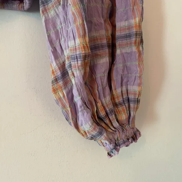 Free People Purple Plaid Puff Sleeve Babydoll Blouse Cropped Women's size Large - Image 5