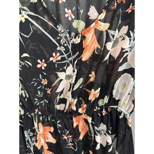 Bellambra Black Floral Sheer Maxi Dress Sz L Button‎ Front V Neck Made in Italy - Image 4