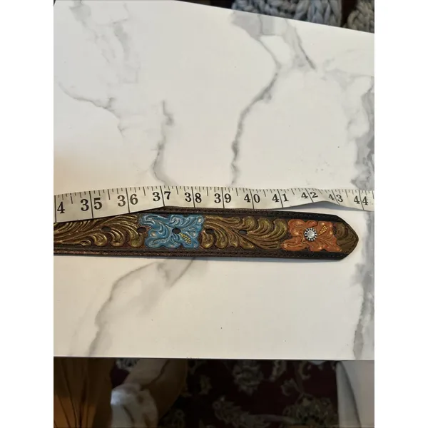 Nocona Womens Floral Tooled Leather Belt Rhinestone Hibiscus Western Brown Large - Image 5