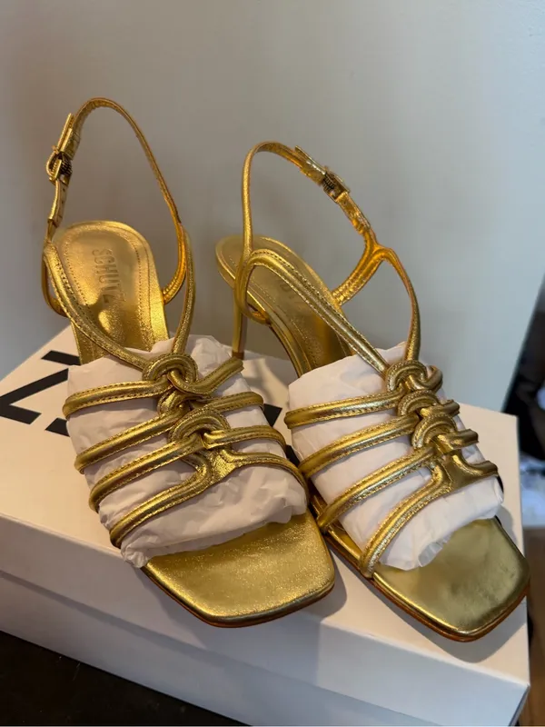 SCHUTZ Octavia Mid Calf Leather Metallic Gold Multi-Strap Slingback Heels 8 - Image 2