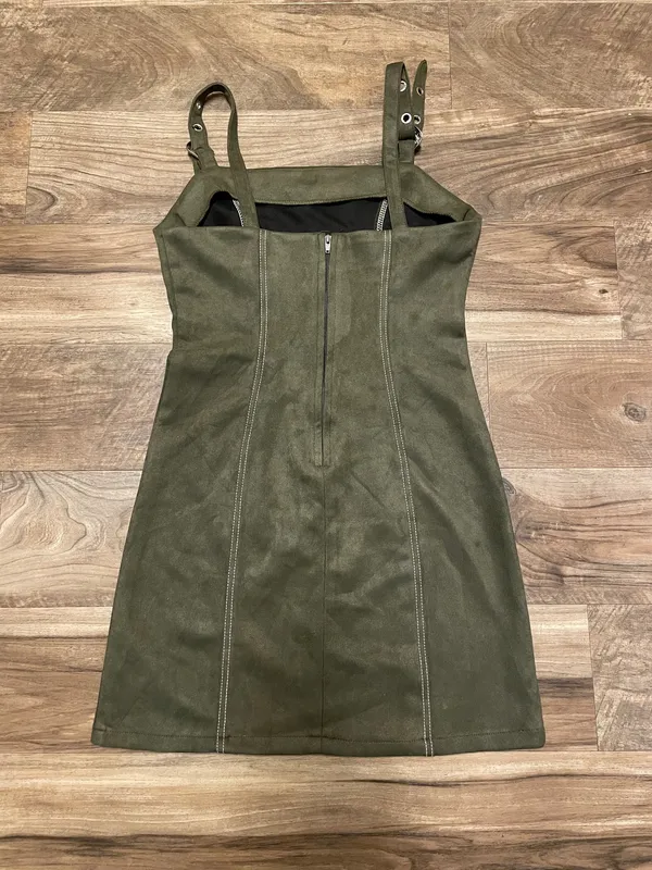 AUW Olive Green Faux Suede Mini Overall Dress with Silver Buckles Size Small - Image 8