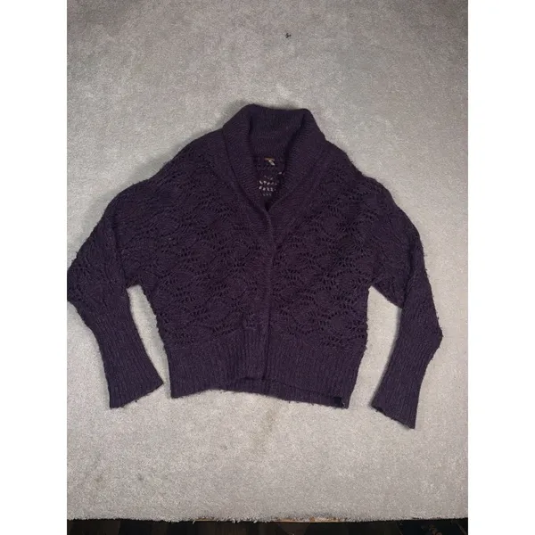 Free People Sweater Cardigan Wool Blend 4 Snap Purple Open Weave Chunky Knit M - Image 5
