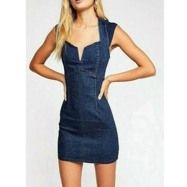Free People Denim Jean Lia Split Neck Cap Sleeve Stretch Mini Bodycon Dress XS - Image 12
