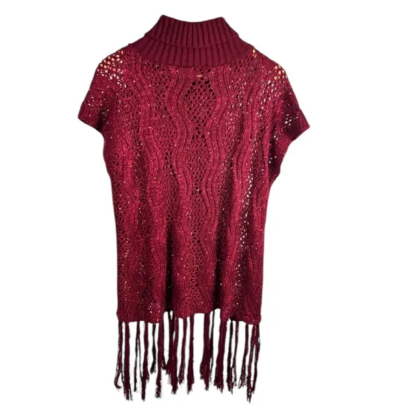 Burgundy Open-Knit Sleeveless Sweater with Sequins‎ & Fringe - One Size - Image 2