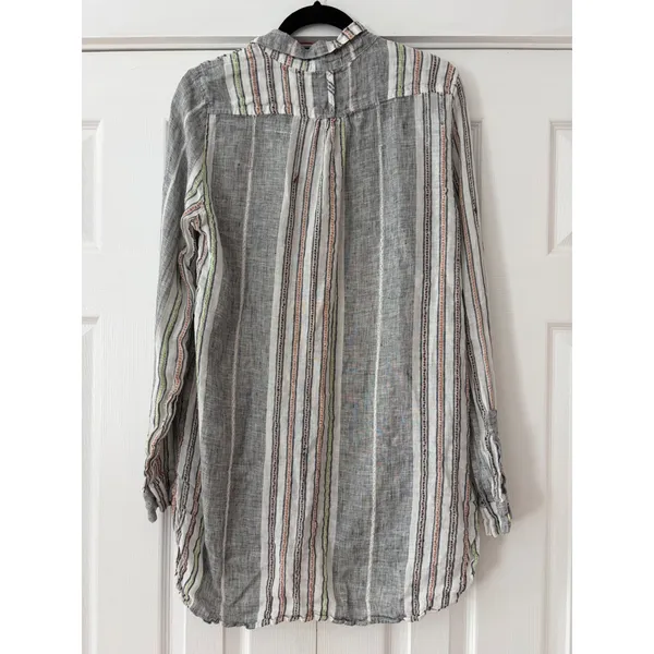 CP Shades Women Grey White Striped 100% Linen Button Down Tunic Top Small - Image 2