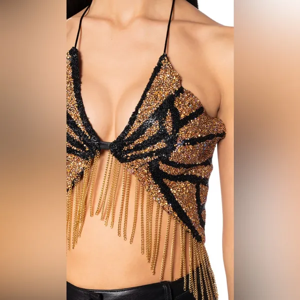 AKIRA Chain Detail Gold and Black Butterfly Beaded Strappy Top Size M / L - Image 4
