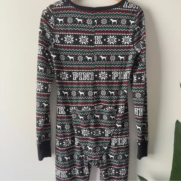 PINK Victoria's Secret Fair Isle Dog Patterned Pajama One Piece Onesie Jumpsuit - Image 5