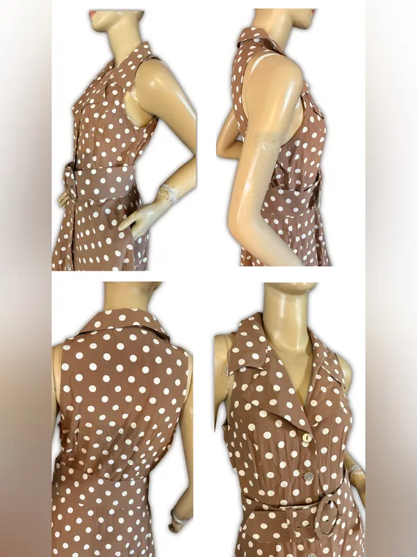 Vintage 1990'S All That Jazz Brown & White Polka Dot Print Dress W/Belt (8) - Image 8