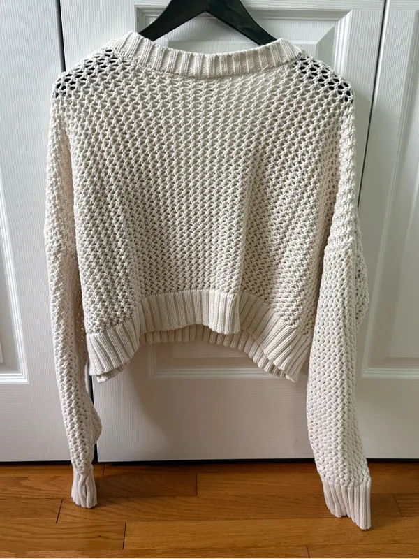 Aerie Offline Open Knit Crochet V-neck Cropped Sweater in Cream - Image 3