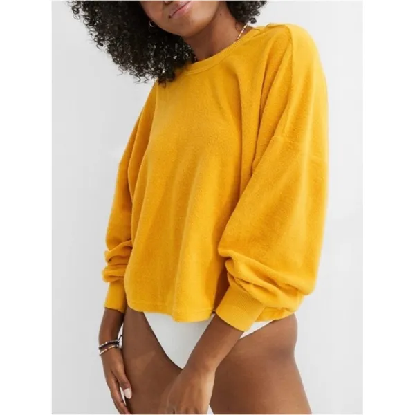 Aerie Yellow Terry Cloth Cinched Reversible Pullover Sweater Women’s Size Small - Image 2