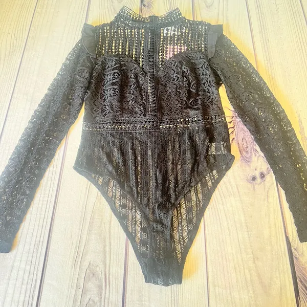 Hello Molly Not That Easy Black Long Sleeve Crochet Bodysuit - Image 8