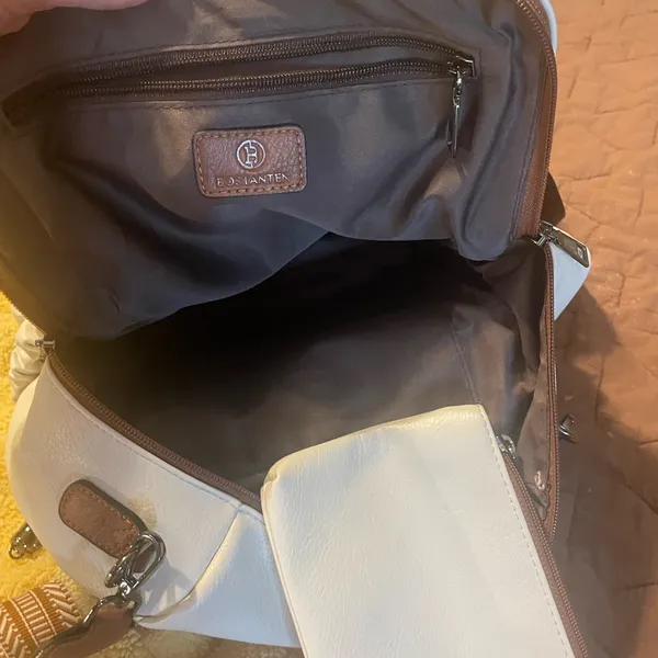 White and Brown Backpack with Textured Material and Multiple Compartments - Image 5