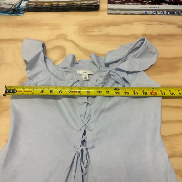 🍁 Lewit Linen Cotton Lace Up Ruffle Sleeveless Blouse Summer Boho Light Blue Sm - Image 12