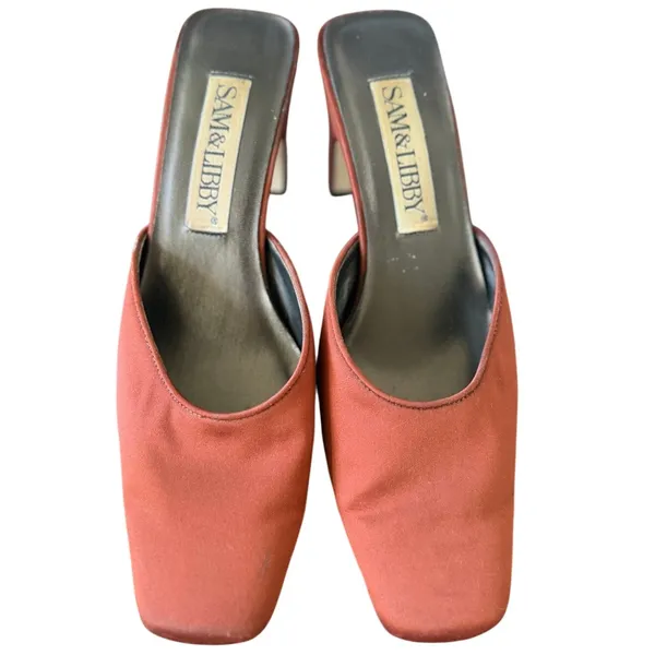 Y2k 90s Minimalist Orange Red Rust Satin Square Toe Chunky Kitten Heel - Image 2