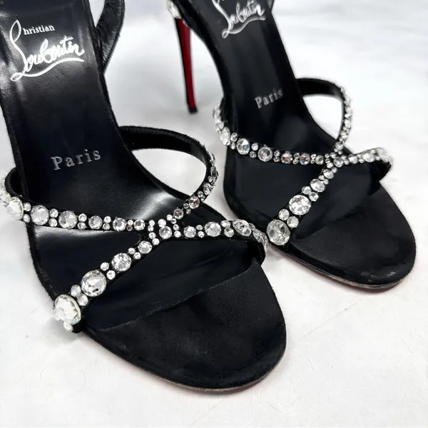 Christian Louboutin Emilie Strass 100 Embellished Strappy Sandal Heels Black 38 - Image 4