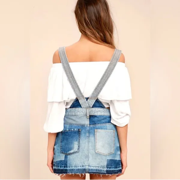 Free People Patchwork Blues Blue Denim Pinafore Dress, Size 4 - Image 9