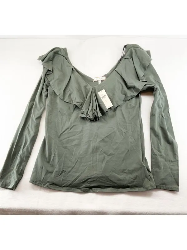 Anthropologie falisi ruffled top blouse cotton green off shoulder SZ L bust 32 - Image 2
