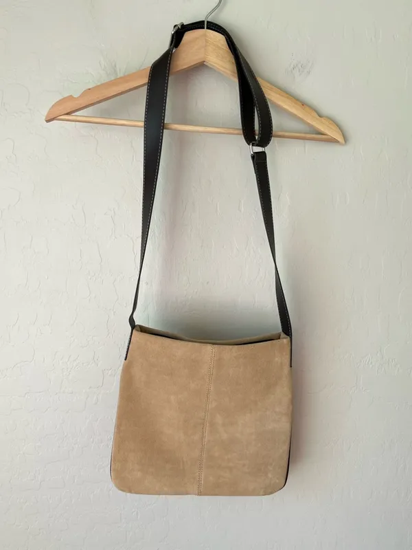 Old Navy Vintage Y2K 2002 Suede Leather Crossbody Tote Top Zip Bag Tan Brown - Image 4